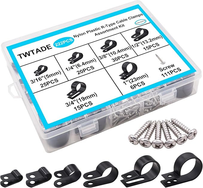 TWTADE 222PCS Black Cable Clamps Assortment Kit,Nylon Plastic R-Type 6 Sizes 3/16'' 1/4'' 3/8'' 1/2'' 3/4'' 1'' Cable Mounting Wire Clips Fastener with Screws for Wire Management