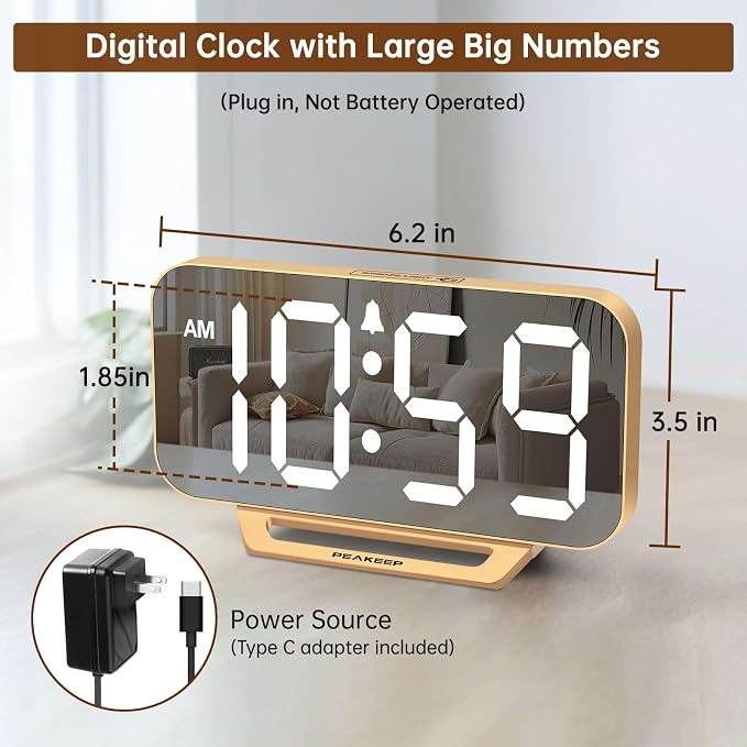 Peakeep Slim Digital Mirror Aesthetic Alarm Clock for Bedrooms Desk Decor | Plug in Electric Big LED Modern Small Clock for Office Living Room, Battery Backup, 6 Dimmers (Gold)