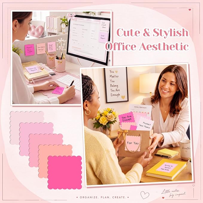 Epakh 10 Pack Scalloped Sticky Notes Bulk 3"x3" Cute Aesthetic Memo Pads 5 Gradient Colors Wavy Self Notepads for Office Study and Daily Life Organization, 300 Sheets(Pink)