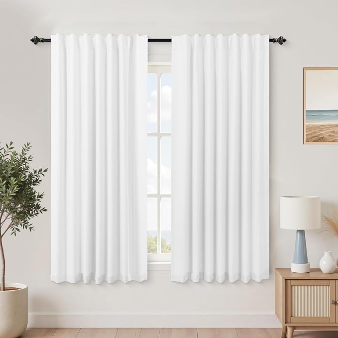 KOUFALL Linen White Short Blackout Curtains for Bathroom Windows,Back Tab Rod Pocket Black Out Curtains for Bedroom 45 Inches Long