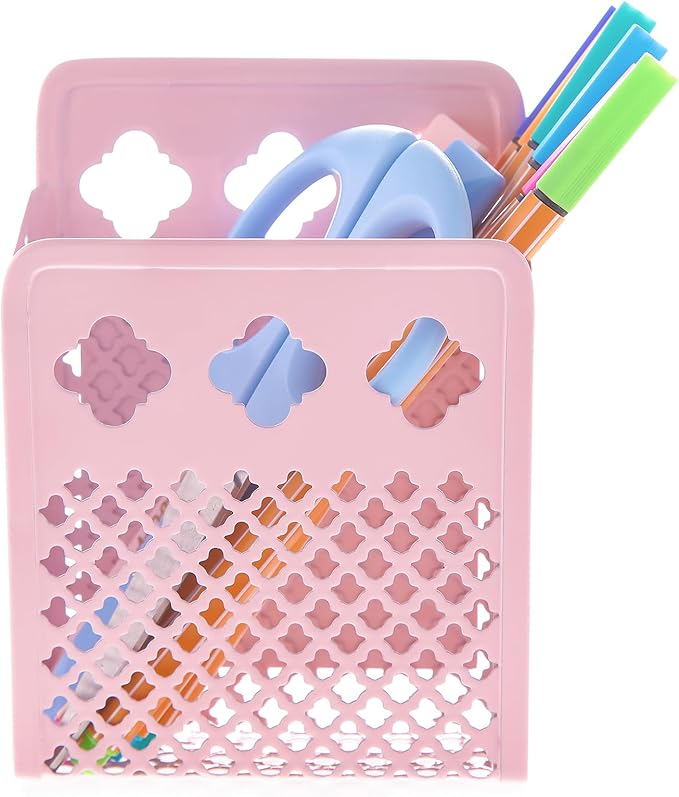 Magnetic Pen Holder, Mesh Metal Strong Magnet Dry Erase Marker Holder Pencil Organizer Small Items Basket for Refrigerator, Whiteboard, Locker Accessories-Pink