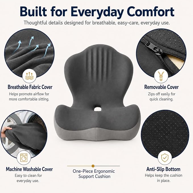 Car Seat Cushion with Lumbar Support, One-Piece L-Shaped Memory Foam | Ergonomic design with coccyx cutout, hip-to-thigh support and anti-slip base for long drives, office chairs and wheelchairs.