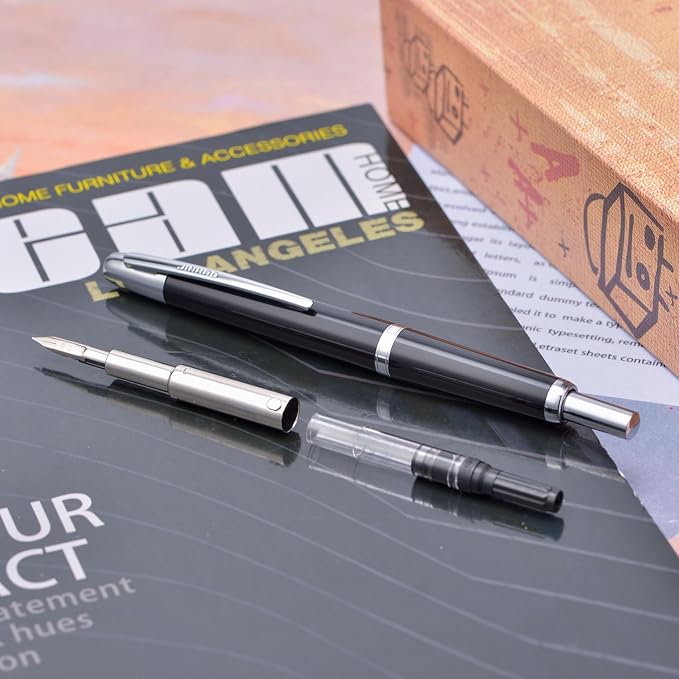 Jinhao 20 Press Fountain Pen, Piano Black Retractable Extra Fine Nib with Ink Converter Set (Silver Clip)