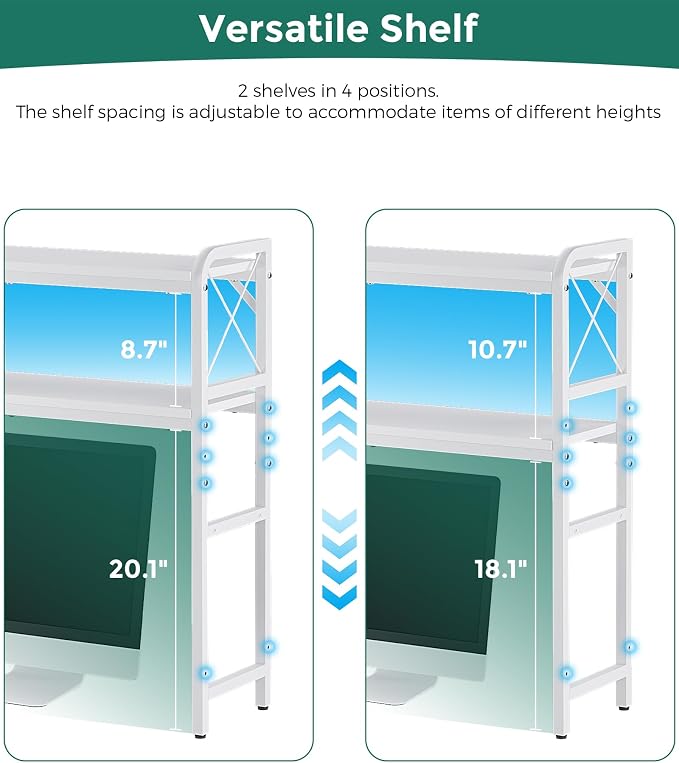 Desk Hutch Dorm with Adjustable Shelves and Side Pockets | 2-Tier Desktop Bookshelf Organizer, Monitor Stand, Large-Capacity Display Shelf Rack for Home Office or Study, White