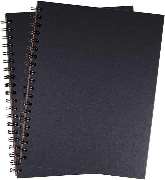 Unruled Blackout Blank Spiral Notebook, 70lb Premium Plain Black Paper, 55 Sheets, Recycled and Sustainable, 10.5" x 8", 2 Pack, Black Foil/Wire