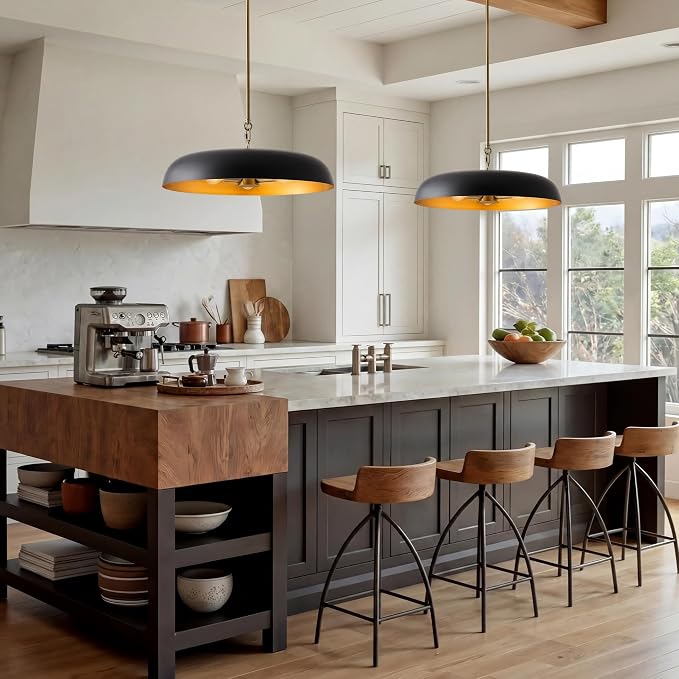 Large Pendant Lights Kitchen Island 20.4in, Black Gold Dining Room Fixture | 3-light hanging dome chandelier, modern all-metal frame, adjustable 18-54in downrod, E12 40W base, for over table bar cafe