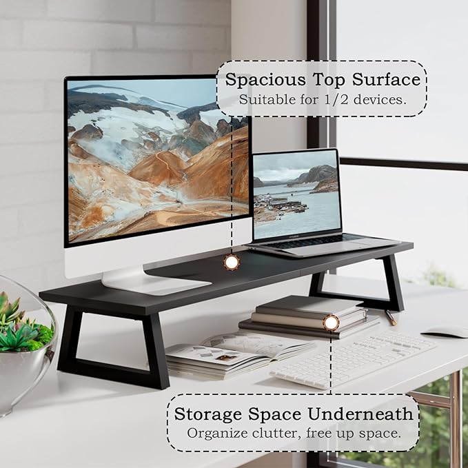 TEAMIX 31.5 inch Dual Monitor Stand Riser, TV Riser, Black Desk Organizer | For 2 Monitors/Laptop/Printer, Long Computer Stand, Wood & Steel, Holds 150 lbs, PS5/Keyboard Storage, For Home Office Gaming