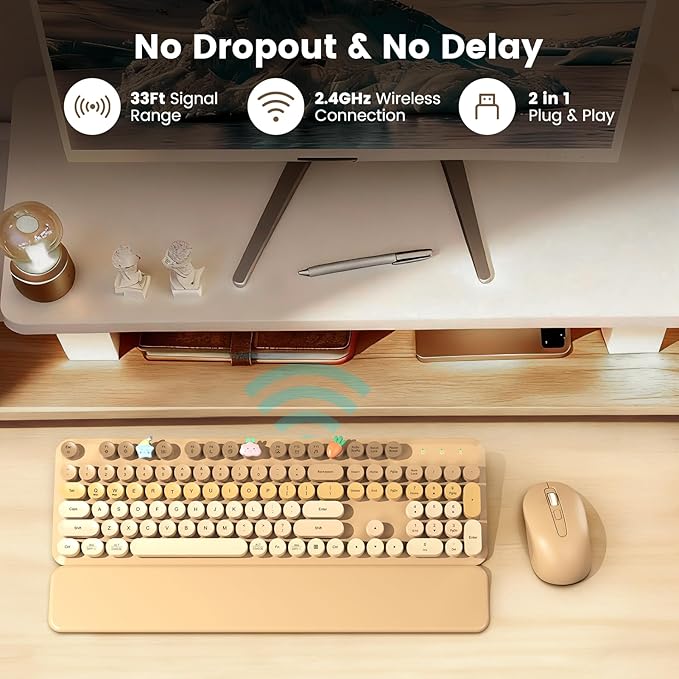 Wireless Keyboard and Mouse Combo, Cute Retro Typewriter Keyboard with Round Keycaps, Full-Size Aesthetic Keyboard with Magnetic Wrist Rest, 2.4GHz USB for Windows/Mac Desktop Laptop (Latte Gradient)