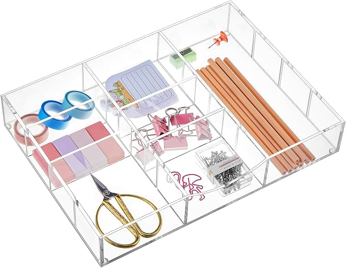 Briwooody Clear Acrylic Drawer Organizer,9 Compartments,Medium | 8.66 x 11.81 x 1.97 Inch Desk Storage Tray Organizer for Pen, Stationery, Desktop, Office, Bathroom, Kitchen, Makeup Supplies