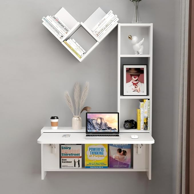 Folding Wall Mounted Drop Leaf Table, Foldable Desk with Moveable Cabinets, Floating Laptop with Convertible Storage Shelves, Multifunctional Computer Workstation in Home for Space Saving