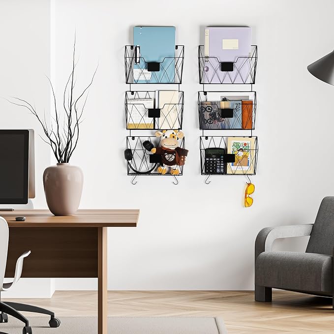 OYEAL Hanging Wall File Organizer, 6 Pockets Wall File Holder, Metal Mail Organizer Wall Mounted with Hooks for Papers, Folders, Office Magazine Rack, Black