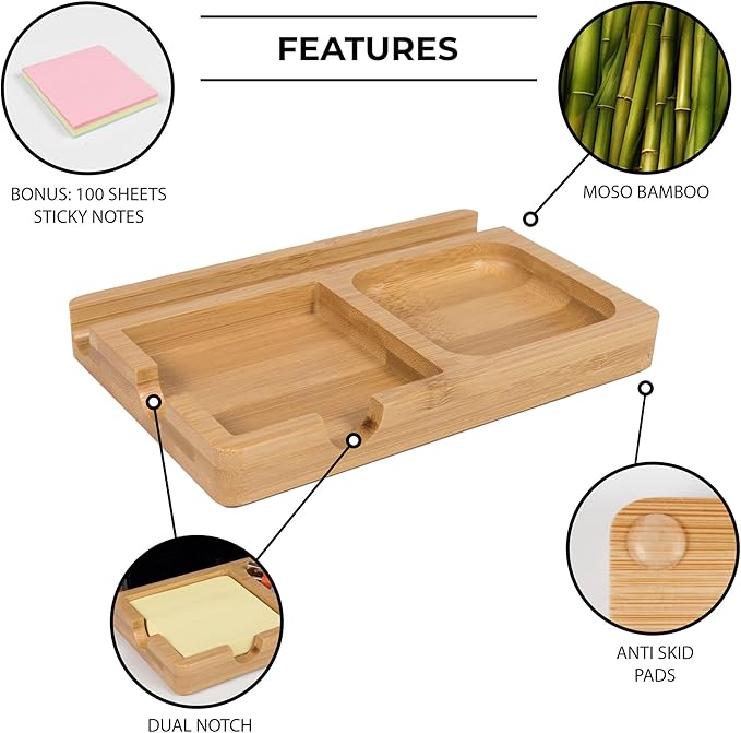 S&A WOODCRAFT Office Desk Organizer with Sticky Note Holder, Pen Slot & Phone Stand - Versatile Moso Bamboo Sticky Note Dispenser, Includes 100 3x3 Inch Pages & 4 Anti-Skid