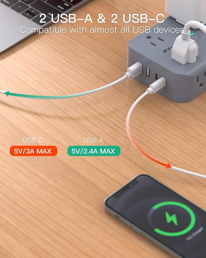 Power Strip Surge Protector - Flat Plug, Wall Mount, 8 Wide Outlets with 4 USB Ports (2 USB C), 5FT Heavy Duty Extension Cord with Multiple Outlets, Charging Station Home Dorm Office Accessories Gray