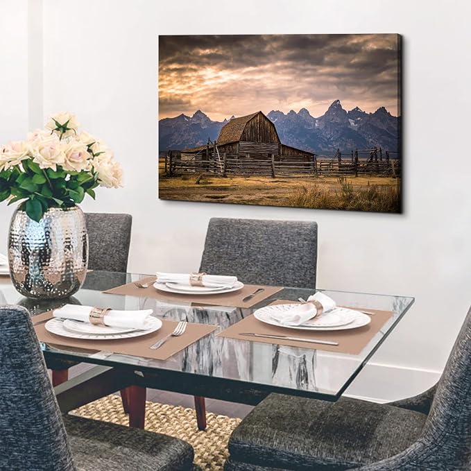 Grand Teton National Park Canvas Wall Art Sunset Moulton Barn Landscape Wall Decor, Wyoming Nature Mountains Scenery Picture Artwork Painting Decoration for Home Living Room Bedroom Kitchen 32x48"