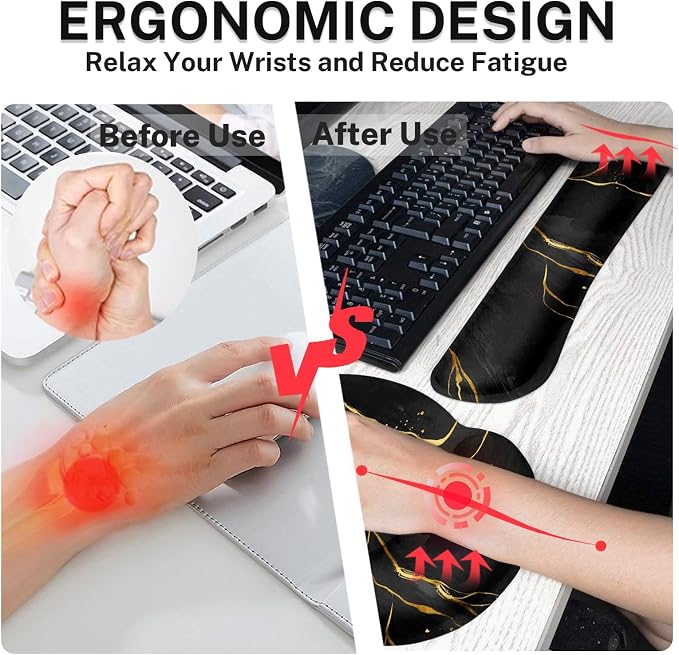 Britimes Black Gold Marble Ergonomic Mouse Pad Set with Wrist Rest Non-Slip Rubber Base Abstract Modern Wrist Cushion Support and Coasters Mousepad with Wrist Support for Computer Keyboard and Desk