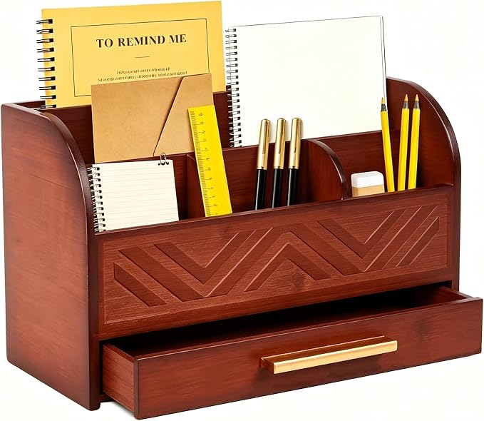 Brown Desktop Organizer with Drawer Storage, White Desk Organizer Mail Holder Mail Organizer Countertop Pen Holder Letter Sorter Make up Organizer for School Home Office Supplies