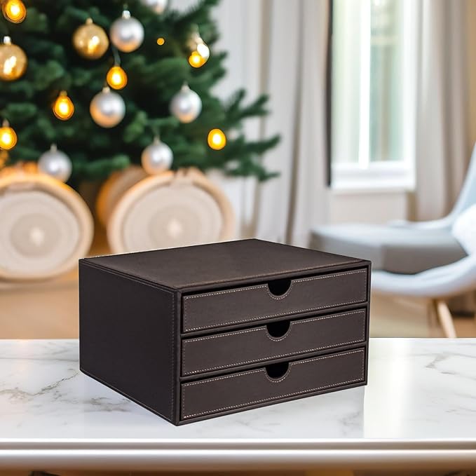 UnionBasic Leather Desktop Drawer Organizer, File Cabinet Magazine Document Holder, Office Supplies Desk Storage Organizer Box, 3 Drawer, Coffee
