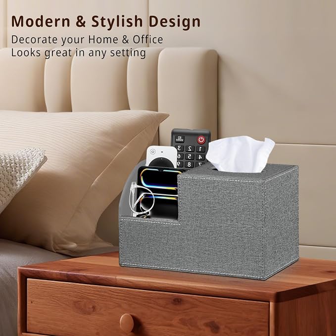 PU Leather Square Tissue Box Cover,Multi-Functional Tissue Cube Box Holder | Facial Tissue Box Cover with Storage,Tissue and Remote Control Holder,Cube Tissue Box Organizer Bedroom,Nightstand,End Table
