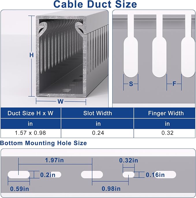 1.6" H x 1" W Cable Raceway, 132in Under Desk Wire Management Channel, Grey | Slotted Wire Duct, 8Pack, 16.5in Each, Heavy-Duty PVC Cable Management for Server Racks, Network Cables & Electrical Cabinets