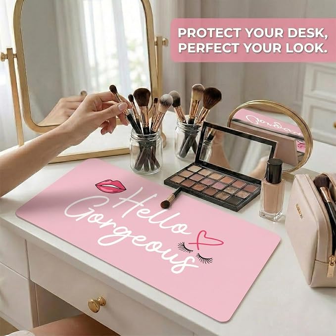 Makeup Mat for Vanity Top Protector, Dual-Sided Vanity Mat Waterproof Dressing Desk Makeup Table Cover Pad Hello Gorgeous (Baby Pink/Silver, 23.6"x11.8")