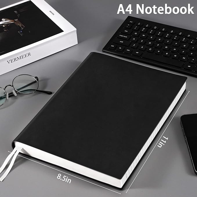 Notebook Journal, 8.5" x 11", 400 Pages College Ruled Notebook, Leather Journal for Women Men, Thick Journals for Writing, 125pcs Sticky Tabs, Inner Pocket, A4 Large Notebooks for Work School, Black