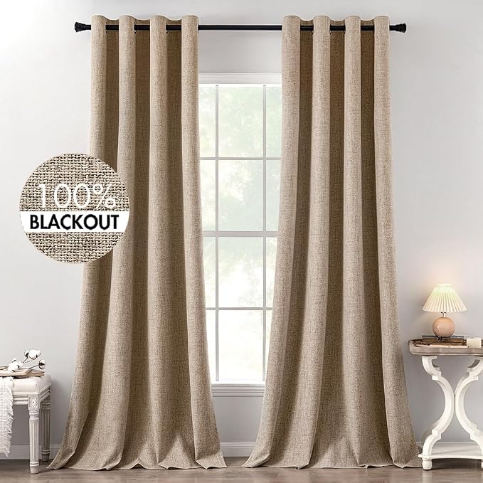 MIULEE 100% Blackout Linen Textured Curtains for Bedroom Solid Thermal Insulated Copper Brown Grommet Room Darkening Curtains & Drapes Luxury Decor for Living Room 52 x 120 Inch (2 Panels)