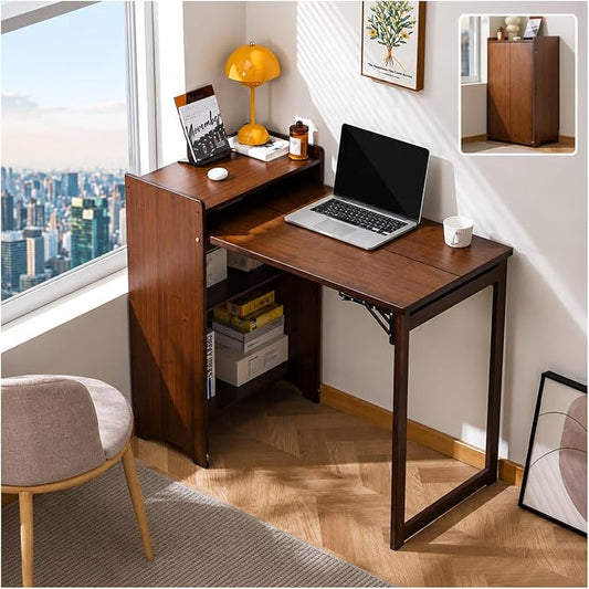 Bamboo Folding Desk with Storage Shelves, Space Saving Mid Century Modern Bookcase with Drop Down Table, Hide Away Desk for Home Bedroom Study Office