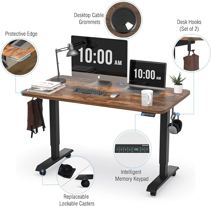 Monomi Electric Standing Desk 48”x24”, Height Adjustable Desk with Wheels | Sit Stand Up Desk for Home Office,Ergonomic Computer desk with Memory Preset and Anti-Collision,Headphone Hook, Rustic Brown