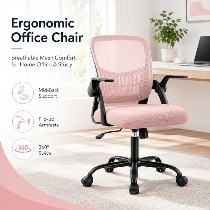 Ergonomic Office Chair, Home Office Desk Chair, Breathable Mesh Desk Chair with Adjustable Lumbar Support and Flip-up Armrests, Game Chairs, 360° Swivel Desk Chairs for Conference, Meeting Room(Pink)