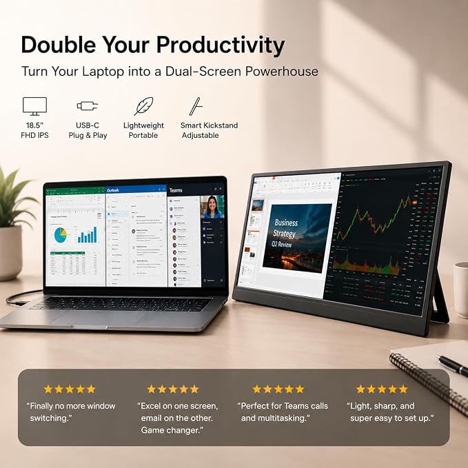 18.5 Inch Large Portable Monitor for Laptop, 120Hz 1080P FHD IPS Portable Travel Second Screen Display for/Phone/Xbox PS4/5, 100% sRGB, Dual Speakers, VESA & Storage Bag