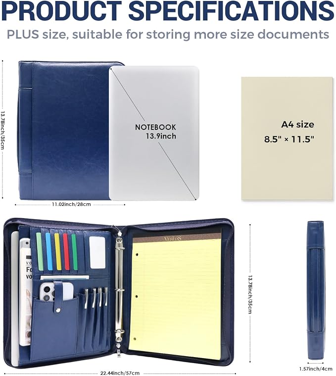Faux Leather Portfolio with Handle, 3-Ring Padfolio Organizer for 13.9-Inch Laptop/Tablet, A4 Legal Pad Holder, Multi-Pocket Business Folder for Work, Office, Meetings & Daily Commute (Blue)