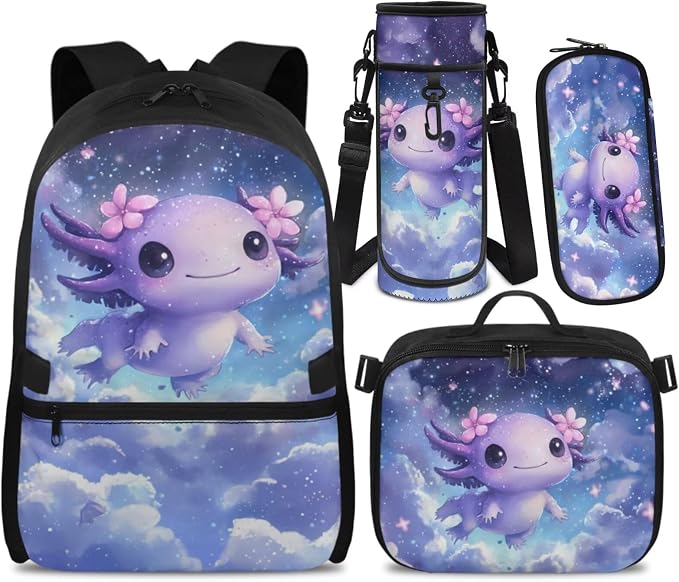Doojoayie Axolotl Backpack Lunchbox Set for Girls 2025 Trendy Kids Bookbag School Backpack for Girls 8-10 10-12 Lightweight Back Pack for Kids 2nd Grade School Bag