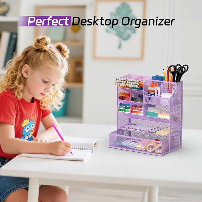 Mesh Pen Organizer for Desk, 13 Compartments with Drawer， Purple | Metal mesh pencil holder and desk organizer with tilted slots for easy access to stationery at home, school or office