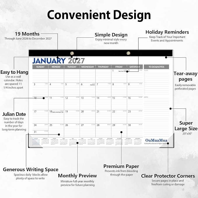 OuMuaMua Extra Large Desk Calendar 2026-2027, 20"x 30" Jumbo Desktop Wall Calendar from Jun. 2026 through Dec. 2027, 19-Month Paper Hanging Planner with Julian Date To-do & Notes, Corner Protectors for School Home Office