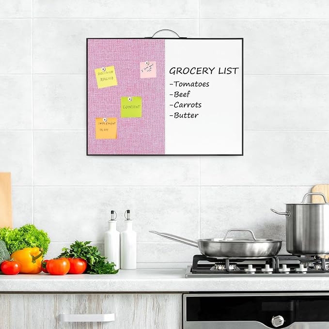 Small White Board Cork-Board Combo - 16 X 12 inches Pink Linen Board & Magnetic Dry Erase Board for Wall, Mini Bulletin Cork Board with Holder for Office, Home and School
