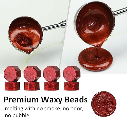 Wax Seal Beads Kit - 300pcs Wine Red Sealing Wax Beads with Wood Melting Warmer, Spoon & 10 Mini Candles for Stamp Seals, Wedding Invitation, Envelope, Cards, Gift Wrapping Decorations