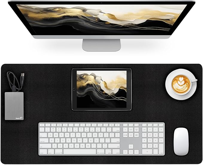 Leather Desk Pad Mat, Non-Slip Black Desk Mat, Large Mouse Pad for Desk, Waterproof Desk Computer Mat Desktop Protector for Office/Home, 31.5" x 15.7"