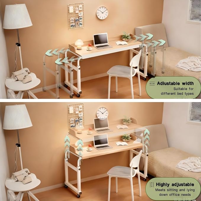 Overbed Table with Wheels and Desktop Enclosure, Height and Length Adjustable Over Bed Desk King Queen Bed Table Overbed Laptop Table (Walnut)