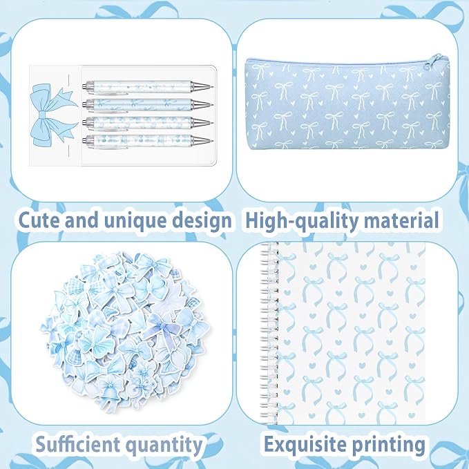 Sayglossy Blue Bow Stationery Gift Coquette School Supplies Set Include Pens Aesthetic Journal Notebook Pencil Case and Stickers Preppy Back to School Supplies for Girl Students
