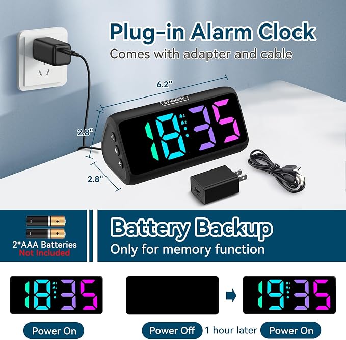 Netzu Loud Alarm Clock for Heavy Sleepers, RGB Alarm Clocks for Bedrooms Seniors Kids, Plug in Digital Clock with 5 Dimmers, 2 Alarms, 4 Volumes and Snooze
