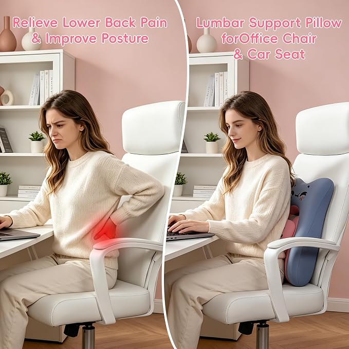 BEBAS Lumbar Support Pillow for Car & Office Chair - Ergonomic Back Support Cushion with Adjustable Memory Foam Bolster, Cute Cartoon Design, Lower Back Pain Relief for Driving & Desk Work - Blue