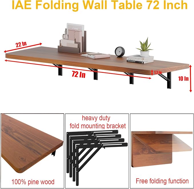 IAE Floating Wall Mounted Folding Table Desk with Pine Wood,72" x 22" Foldable Workbench,Fold Down Wall Mounted Foldable Desk with Shelf Brackets,Laundry Folding Table for Home,Dining,Kitchen,Teak