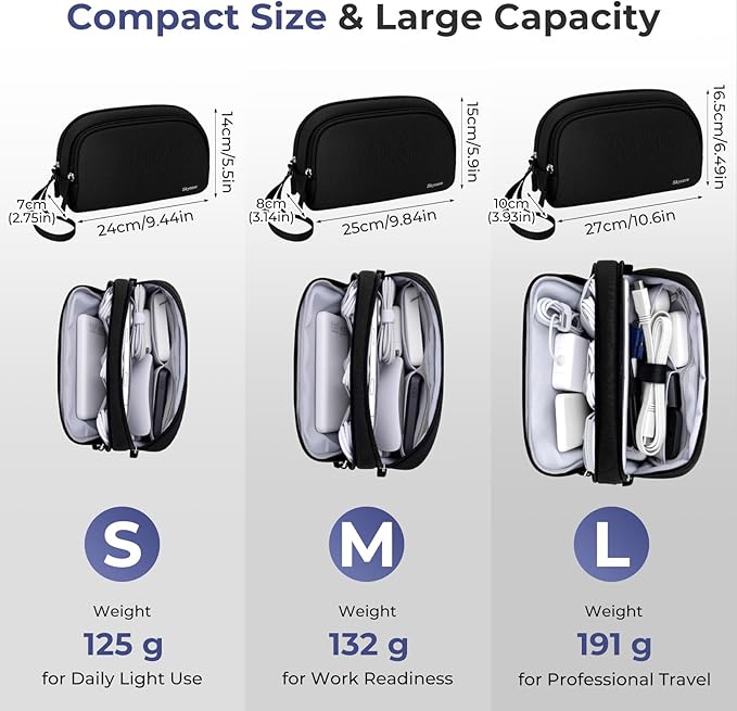 Skycase Travel Cable Organizer - Lightweight Water Resistant Dual-Layer Tech Pouch with Wrist Strap 9 Compartments Electronic Organizer Travel Case for Charger Cord Hard Drive,Small,Black