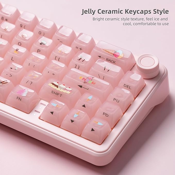 Womier Pink Jelly Keycaps, Ceramic Keycaps Style Clear Keycap, Ice-Cream Cute Transparent Shine Through Custom 60 65 75 100 Percent for Cherry MX,Gateron Mechanical Keyboards, MDA Profile-Pink