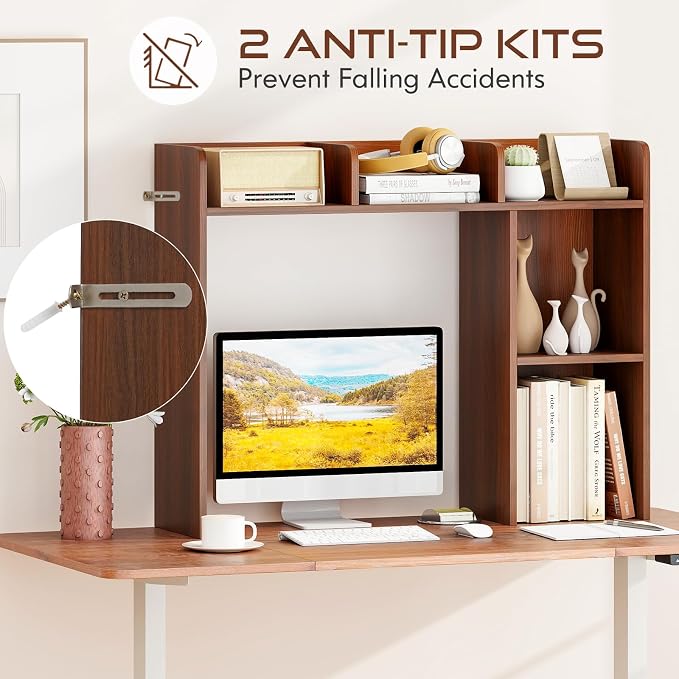 Tangkula Desktop Bookshelf, Countertop Storage Hutch with Shelves for Computer Desk, Desk 3-Tier Display Rack, Multipurpose Wood Desktop Hutch Storage Organizer for Dorm Office (Walnut)