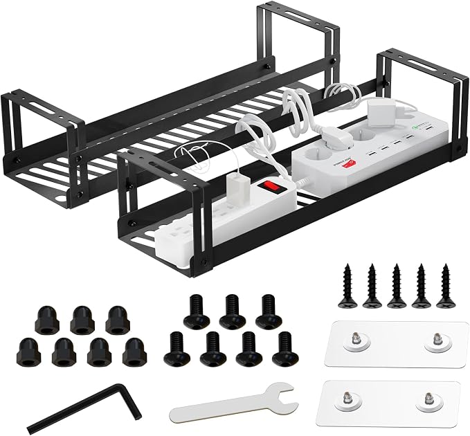 PAVSTINE 2 Pack Under Desk Cable Management Tray, 17 in | Dual Mount Adhesive & Screw, Metal Wire Basket, Holds Up To 15 Lbs, Power Strip Holder Cord Hider for Home/Office Desk