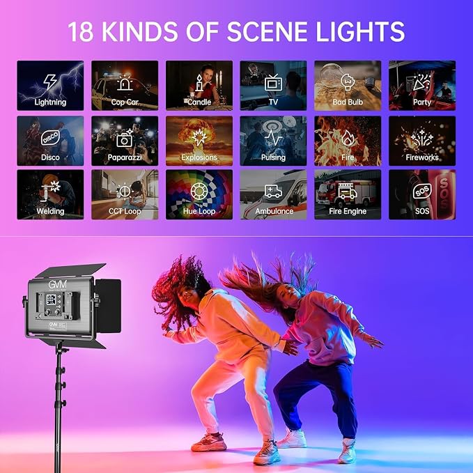 GVM 1300D RGB LED Video Light, 65W Video Lighting Kit with Bluetooth Control, 25000lux/0.5m, 2 Packs Led Panel Light for YouTube Studio, Video Shooting, Broadcasting, Conference, 18 Kinds Scene Modes