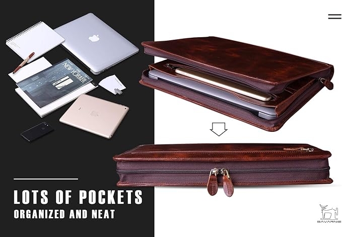 Genuine Leather Professioal Business Portfolio Padfolio Folder with Zipper for Men and Women,Work Portfolio for Letter Size Notepad, for Meeting and Travel, Oil Wax