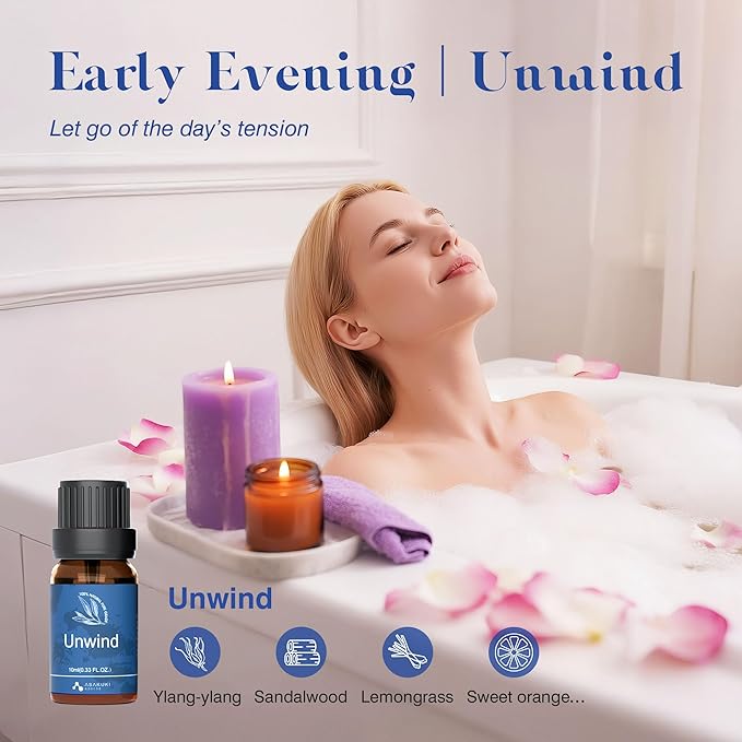 ASAKUKI Essential Oils for Diffuser – 6 Mood Essential Oil Blends (Breathe, Uplift, Sensual, Balance, Unwind, Rest) for Morning to Night Rituals, Home & Daily Use