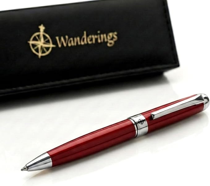 WANDERINGS Premium Ballpoint Pen with German Ink – Perfectly Balanced for a Superb Writing Experience, Chrome Accents – Winefire Red - Includes a Schmidt Refill in a Giftable Presentation Case